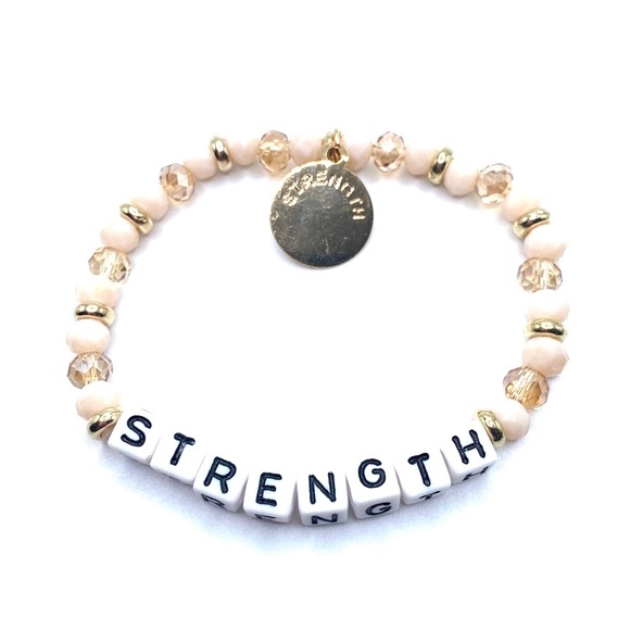 Strength Beaded Stretch Word Bracelet Cream Gold Tone - Picture 3 of 4
